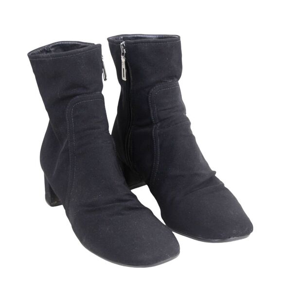 PRADA BLACK TEXTILE MID HEEL SQUARE TOE ZIP SIDE LOGO ANKLE BOOTS SHOES Sz 39.5 - Picture 1 of 12